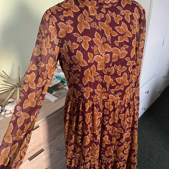 Maroon Orange Autumn Floral Chiffon Mockneck Midi Maxi Fit & Flare Modest Dress - Picture 9 of 17